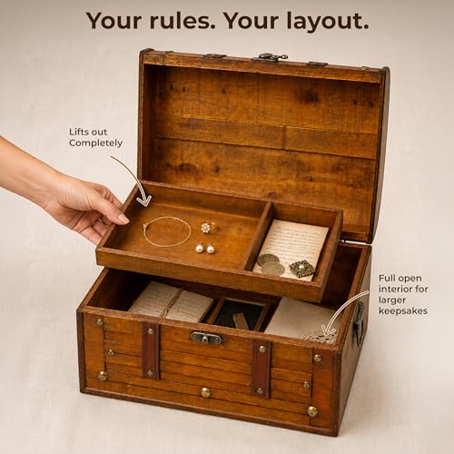Antique Wooden Treasure Chest with Tray, Large Keepsake Box, 13x9.5x7.5 in - size: Large