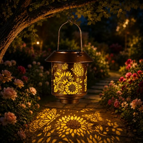 Solar Lantern Outdoor Hanging Gifts for Women Mom Grandma (Butterflies) | Metal Garden Lantern with Flower Shadow Projection, Decorative Solar Light for Patio Porch Yard Tree Garden Lovers - color: b-Butterfly-1PC