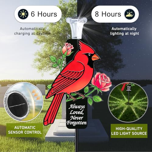 Solar Cardinal Memorial Stakes for Graves - Metal Cemetery Decorations with LED Light, Sympathy Gift for Loss of Father Dad, Mom, Grandma, Garden Grave Markers - style: Red Cardinal
