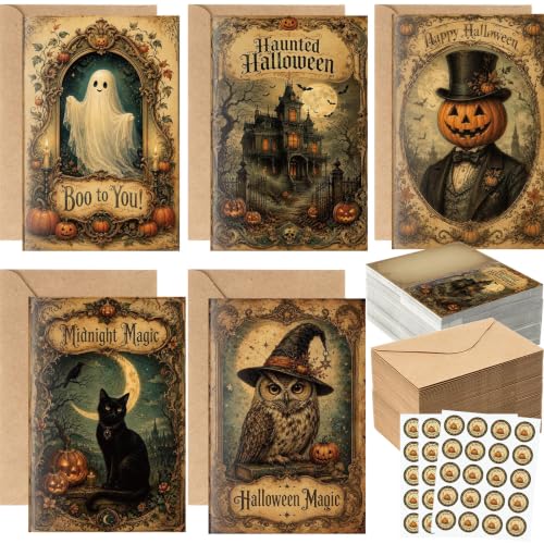 Eaasty 100 Sets Cards with Stickers and Envelopes Blank Inside Funny Card 5 Style Greeting Card Designs (Vintage Halloween Style) - style: Vintage Halloween Style