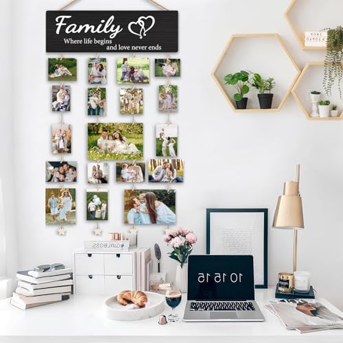 Family Collage Picture Frames,Housewarming Gifts | Gifts for Family Members Hanging Photo Display,Where Life Begins and Love Never Ends Wood Hanging Photo Holder for Wall - color: Family