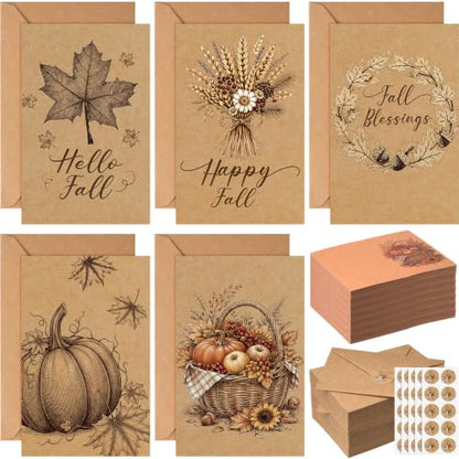 Sabary 100 Pack Fall Cards with Envelopes and Stickers Bulk | Thanksgiving Card, 4x6 Inch, Fall Maple Leaf Pumpkin, Autumn Harvest Greeting Blank Note Card, for Wedding Baby Shower
