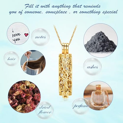 Tree of Life Urn Necklace for Women Men Cylinder Bar Memorial Ash Pendant | Tree of Life Cremation Jewelry,Stainless Steel Keepsakes Necklaces,Vial Ashes Pendant - color: Gold