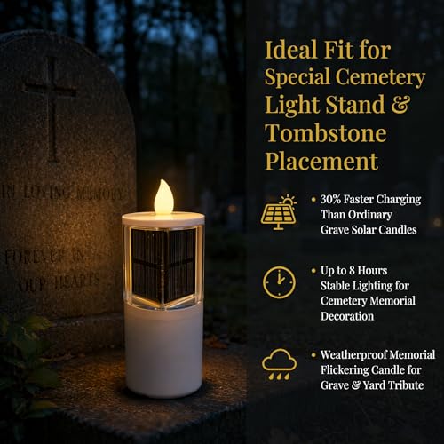 OURMEMEMO Solar Cemetery Candles 2 Pack for Double Headstone Waterproof | 2-pack solar grave candles for double headstones, auto on/off, IP65 waterproof memorial decor - size: 2