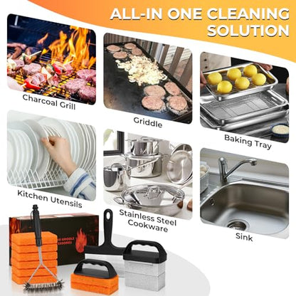 Griddle Cleaning Kit for Blackstone, Flat Top Grill Accessories Cleaner Tool Set Grill Stone, Griddle Scraper, Scouring Pad and Handles, Multifunctional Griddle Accessories Easy to Remove Stain
