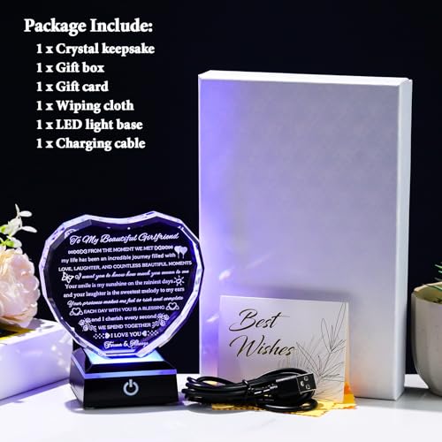Arikyrist Gifts for Girlfriend with Colorful Base Girlfriend Anniversary Birthday Gifts from Boyfriend Crystal Heart Keepsake to My Girlfriend Romantic I Love You Gifts on Valentine Christmas - style: Girlfriend Gifts + Light Base