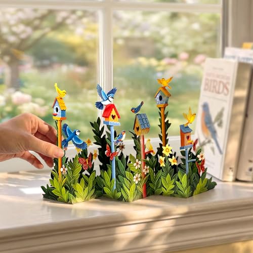 Freshcut Paper Pop Up Cards, Mini Birdhouse Garden, 9 Inch Life Sized Forever Flower Bouquet 3D Popup Greeting Card, Birthday Cards, Thank You Card, Blank Notecard & Envelope - color: Birdhouse Garden, size: Mini