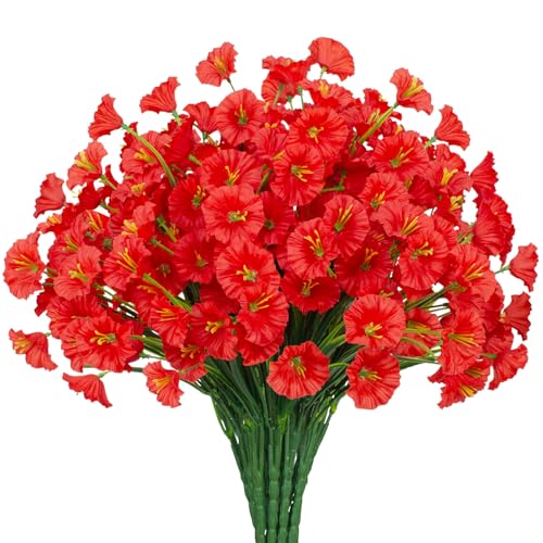 15 Bundles Artificial Flowers UV Resistant Outdoor Plants No Fade Faux Plastic Shrubs Fake Silk Flowers Window Box Garden Porch Home Decoration (Morning Glory Red) - color: Morning Glory Red