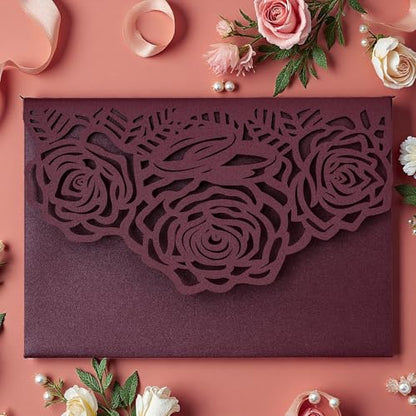 Laser Cutting Invitation Card Greeting Card Graduation Party Rose Flower Wedding Birthday Party Invitations Invitation Pocket With Envelope (Burgundy) | Greeting Card, Graduation Party, Rose Flower, Wedding Birthday Party Invitations, Invitation Pocket Wi