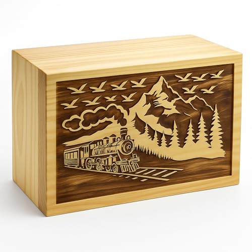 Wooden Cremation Urn for Adult Ashes – Mountain Train Handcrafted Pine Wood Funeral Urn Box | Large 250 Cu in Capacity | Decorative Memorial Urn for Burial or Columbarium | Engraved Scenic Design