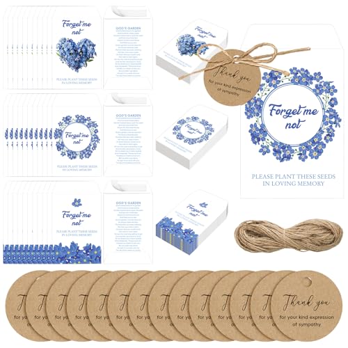 MotiMind 100 Pack Forget Me Not Seeds Packets Funeral Celebration of Life Favors Set Include Memorial Seed Packets Paper Storage Envelopes Thank You Tags for Funeral Favor Loss of Loved One, No Seeds