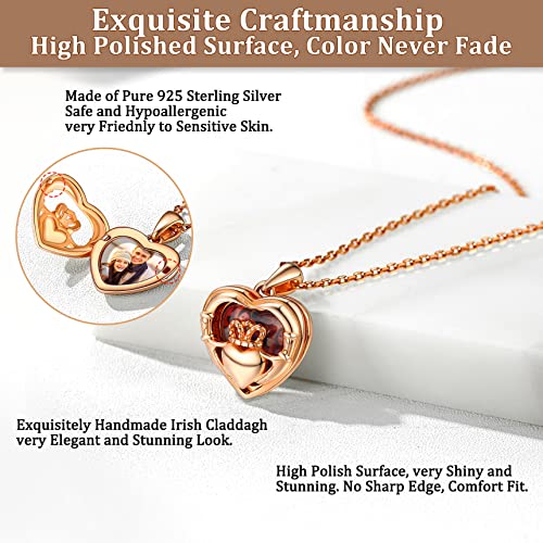 Bestyle Sterling Silver Heart Locket Necklace for Women, Dainty Cute Small Heart Locket Pendant in Gold/Rose Gold/Silver, Love Statement Jewelry Gift for Mother Wife - color: C1. Claddagh-Rose Gold-Locket Only, NO Custom