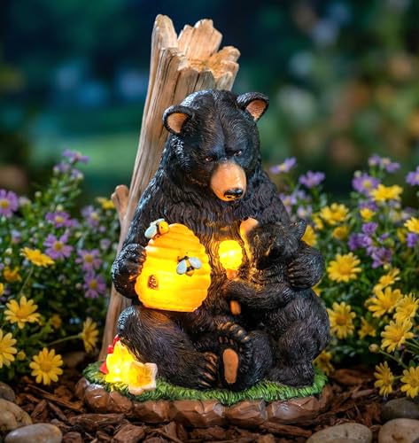 C&Y&G&X Solar Bear Garden Statue Lights, Black Bear & Cub Outdoor Resin Yard Decor for Patio Porch Lawn, Solar Garden Figurine with Light-Up Beehive, Housewarming Gifts for Garden Lovers - color: Bear & Cub