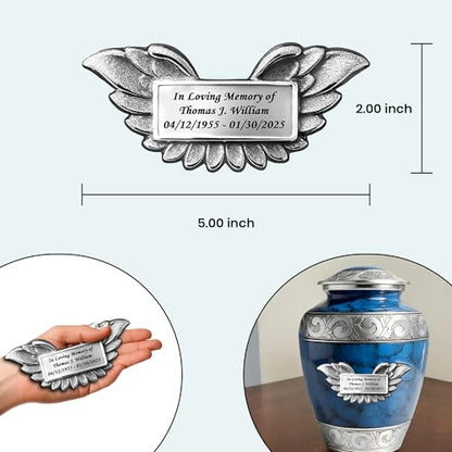 Set of 7 Plaque Custom Engraved Cremation Urns for Human Ashes Includes 1 Large Urn with 4 Small Keepsakes & 1 Silver Necklace - Fire Blue - color: Fire Blue Custom Plaque Urn Set