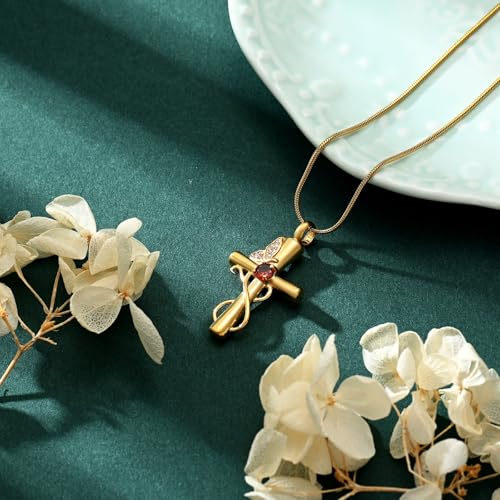 Butterfly Cross Cremation Jewelry Urn Necklaces Cross Butterfly Urn Necklaces for Ashes Memorial Keepsake Pendant for Women Men Gifts With Funnel Kit & Bag - color: Gold+Red