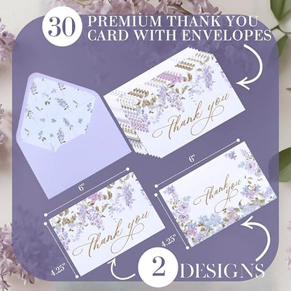 NUOERP Blank Thank You Cards With Envelopes, 30 Pack - 2 Elegant Floral Designs Foil Wedding Thank You Cards With Envelopes - For Baby Shower Card, Birthday Card, Bridal Shower Card, Wedding Card, Flower Card - Blank Inside - color: Purple Floral Gold Foi