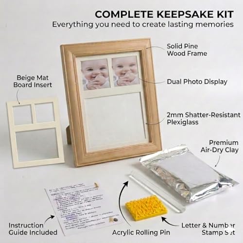 Baby Hand and Footprint Kit with Air Dry Clay, Wooden Keepsake Picture Frame, Newborn Hand & Footprint Frame, Shower Gift for Boys & Girls, Personalized New Mom Gift