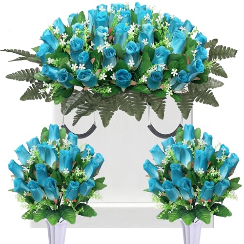 3 Sets Artificial Cemetery Flowers for Grave,Gravesite Decoration Roses 1 Saddle and 2 Memorial Bouquets with Vase for Grave Tombstone Decorations (Deep Blue) - color: Deep Blue