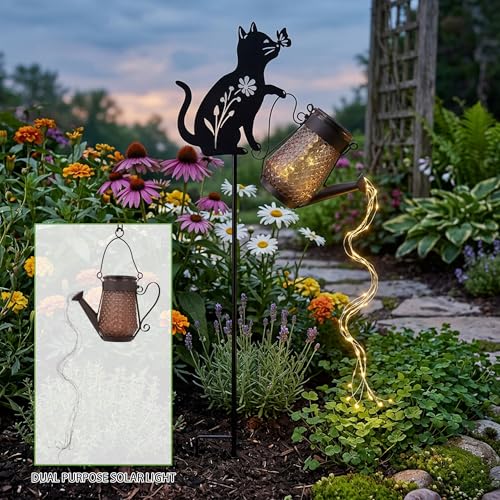 Solar Watering Can Light Cat Stake 36in Garden Waterfall LED Outdoor Art - color: Cat Watering Can