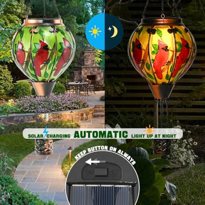 Hot Air Balloon Solar Lantern - Large Cardinal Bird Glass Lantern, Simulated Flickering & Dancing Flame, Big Outdoor Hanging Yard Light Waterproof IP65 for Patio Lawn Porch Decor Gift - style: Cardinal -Large01
