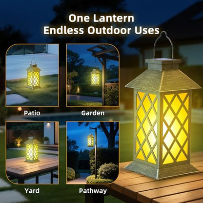2 Pack 13" Solar Lanterns Outdoor Waterproof Cross Pattern | 2 pack 13-inch waterproof metal glass lanterns with flickering flame for patio, garden, porch, pathway and gifts for mom - style: Bronze-Cross01