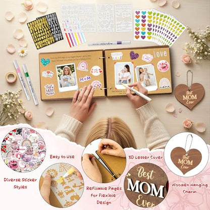 CY2SIDE Best Mom Ever Album Scrapbook - Mother’s Day Wooden Scrapbook Craft Kit, DIY Photo Memories Book with 30 Brown Pages Birthday Gift for Mother’s Day, DIY Handmade Scrapbook Gift for Mom Grandma - style: Best Mom Ever