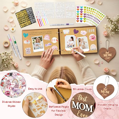 CY2SIDE Best Mom Ever Album Scrapbook - Mother’s Day Wooden Scrapbook Craft Kit, DIY Photo Memories Book with 30 Brown Pages Birthday Gift for Mother’s Day, DIY Handmade Scrapbook Gift for Mom Grandma - style: Best Mom Ever