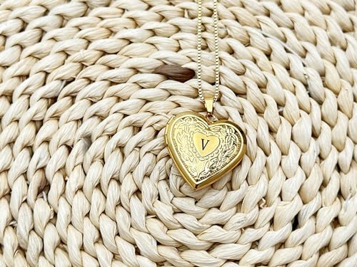 GOKING Love Heart Memory Locket Necklace Holds Pictures for Women - color: Letter V