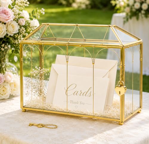 Glass Wedding Card Box with Slot and Lock, Gold Card Box | Clear Brass Frame Card Box for Wedding Reception, Decorative Storage Box for Baby Shower, Birthday Party, Bridal Shower - size: 12.6" Gold with Arch