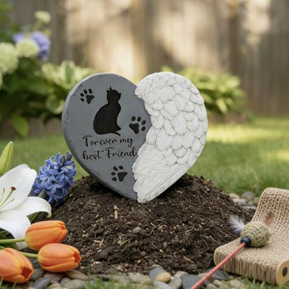 Landoraloria Cat Memorial Stone 10” Heart with Wings Outdoor Pet Grave Marker Cement Garden Remembrance Stone Sympathy Gift for Loss of Cat Angel Paw Design