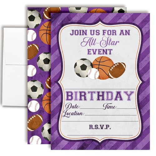 Purple All Star Sports-Themed Birthday Party Invitations for Girls, 20 5x7 Fill In Cards with Twenty White Envelopes by AmandaCreation - style: Purple All Star