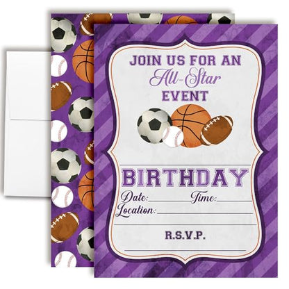 Purple All Star Sports-Themed Birthday Party Invitations for Girls, 20 5x7 Fill In Cards with Twenty White Envelopes by AmandaCreation - style: Purple All Star