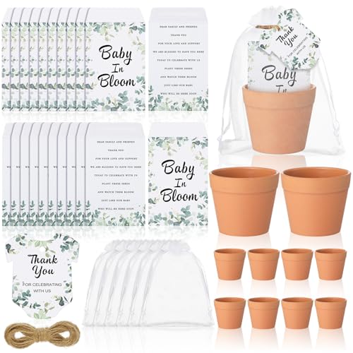 Ctosree 50 Sets Eucalyptus Leaf Baby in Bloom Baby Shower Seed Packets Favors for Guests Include Self Adhesive Seed Packets (No Seeds) Clay Plastic Flowerpot Thank You Tags Hemp Rope Organza Gift Bags - color: Eucalyptus Leaf Baby in Bloom