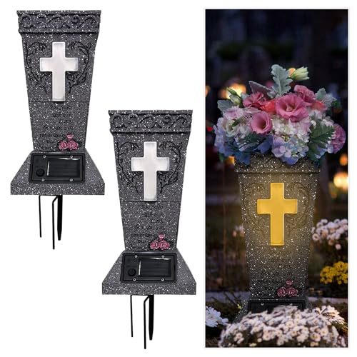 2 Pack Solar Cemetery Vase with LED Cross Lamp Flower Holder - color: Warm Light Cross 2pcs