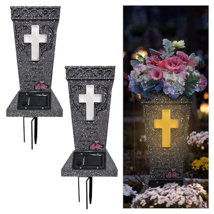 2 Pack Solar Cemetery Vase with LED Cross Lamp Flower Holder - color: Warm Light Cross 2pcs