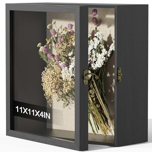 11x11 Shadow Box Frame with Acrylic Glass, Deep Large Shadow Boxes Display Cases for Tabletop and Wall Display, Memory Box for Keepsakes, Shadow Box for Flowers, Black with Linen Back - size: 11x11in