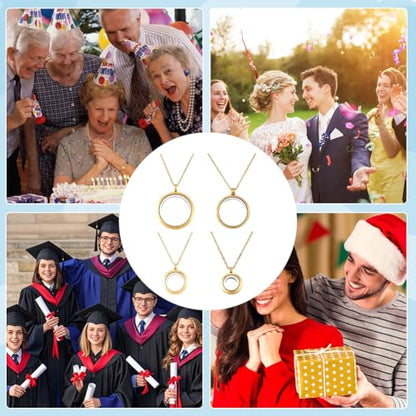 4 Size 8Pcs 4 Sets Real 18K Gold Plated Floating Charm Locket Necklace Round Memory Locket Stainless Steel Clear Glass Photo Pendant Living Picture Keepsake Necklace for Women Friendship DIY - style: 4 sizes gold