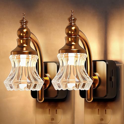 L LOHAS LED Night Lights Plug into Wall, 3000K Soft White | Floral Night Lights with Dusk to Dawn Sensor, 0-100lm Adjustable Brightness, for Hallway Bedroom Stairway - color: Gold Ring-Flower 3000K, size: 2 Pack