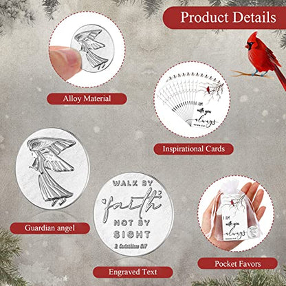 Fumete 72 Pieces Memorial Angel Sign Coins Set Pocket Token Guardian Pocket Angel Coins Red Cardinal Poem Cards Prayer Cards White Organza Bags Gift Charms Presents for Family