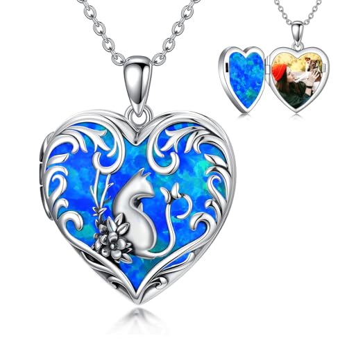 Dorunmo Personalized Heart Locket Necklace That Holds 2 Picture 925 Sterling Silver Custom Lockets Pendant Memorial Jewelry Gifts for Mom Sisters - color: Cat-Blue Opal, style: Personalized-Photo
