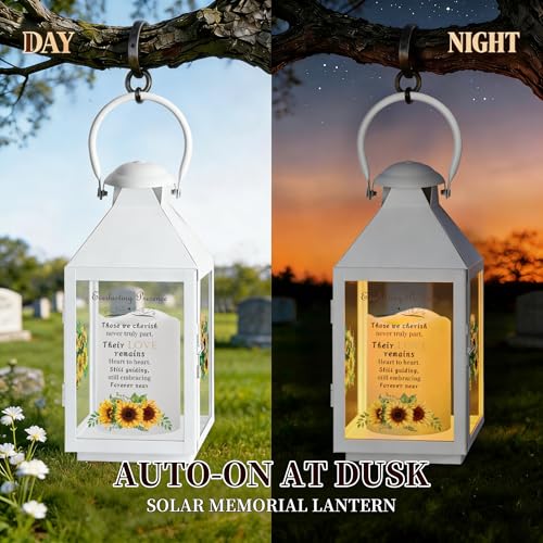 White Memorial Lantern Sympathy Gift for Loss of Loved One | Remembrance Solar Lantern with Sunflower, Bereavement Gifts for Loss of Mother Father Gift - color: White Iron Sunflower