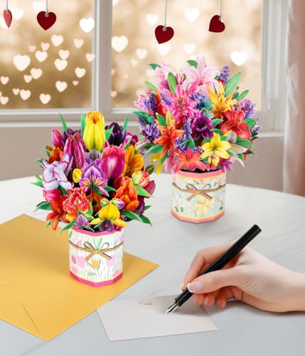 Pop Up Flower Bouquet Card Set for Women – 6 Unique 3D Floral Designs with Envelopes & Separate Blank Note Cards, Forever Rose, Sunflower, Tulip Gift for Mother's Day, Get Well, Birthday, All Occasions - style: Tulip, Sunflower, Roses, Lily, Lavender, Suc