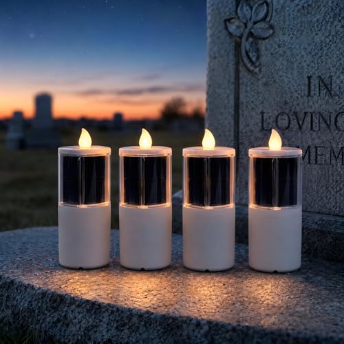 OURMEMEMO Solar Cemetery Candles 4 Pack for Family Memorials Waterproof | 4 bulk solar cemetery candles for multi-grave memorials, low per-unit cost, all-season grave lighting - size: 4