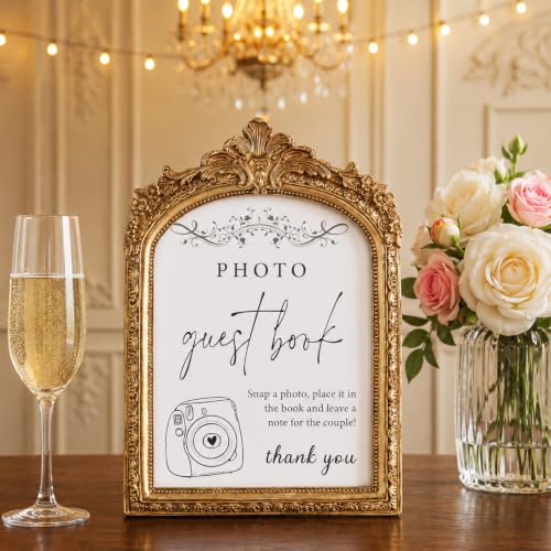 Photo Guestbook Sign Wedding Guest Book Desk Decor Elegant Arch Picture Framed Wedding Tabletop Display Gold Vintage Resin Table Top Signs Reception Signage for Weddings Anniversaries Celebrations
