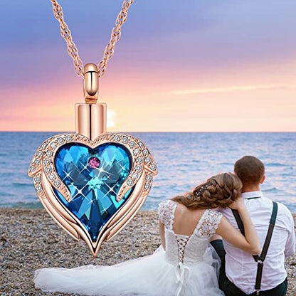 shajwo Angel Wing Heart Urn Necklace for Ashes | Cremation Jewelry, For Women, Memorial, Human Pet Ashes Pendant - color: Rose Gold-Blue