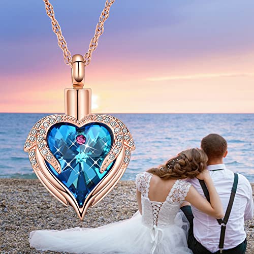 shajwo Angel Wing Heart Urn Necklace for Ashes - color: Rose Gold-Blue