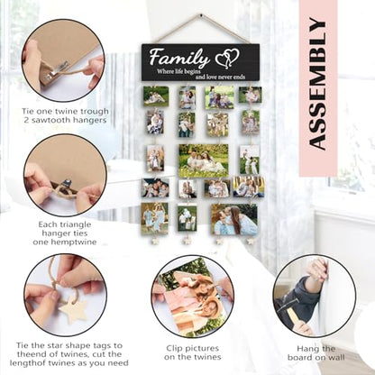 Family Collage Picture Frames,Housewarming Gifts | Gifts for Family Members Hanging Photo Display,Where Life Begins and Love Never Ends Wood Hanging Photo Holder for Wall - color: Family
