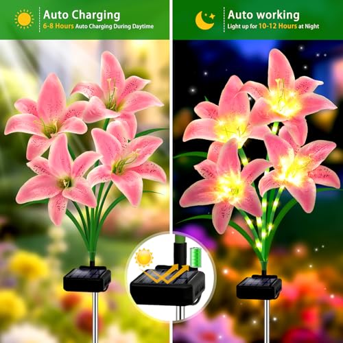 Solar Lights Outdoor, Gift For Women Mom Grandma Wife Daughter Friends, 4 Pack 16 Solar Pink Lily Flower Lights, Solar Flower Lights Waterproof, Outside Decor Stake Light for Landscape Yard Patio Lawn - style: Solar Pink Lily