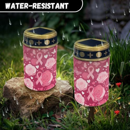 Poceacles Solar Lights Outdoor Solar Powered Outdoor Cemetery Stake Candle Grave Lamp Landscape Lighting Waterproof Grave Flameless Candle, Pink Ribbon Rose Butterfly - color: Pink Ribbon Rose Butterfly