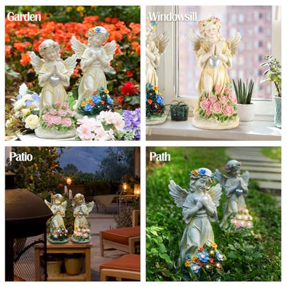 Angel Garden Statue 2Pcs,Love Heart Solar Decor with Warm Light | Waterproof Praying Angel Statue with Flowers,Outdoor Garden Decor Sculpture for Lawn Yard Patio Garden Present, Apricot - style: Heart Praying Angel